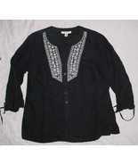 JM COLLECTION black 100% LINEN 3/4 sleeve Embroidered ButtonTop sz 10  EUC - £7.80 GBP