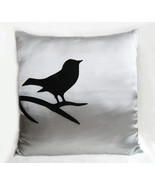 Black Bird On Brunch Silver Grey Pillow Cover. Light Grey Modern Bird Cushion - $26.50