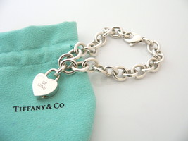 Tiffany &amp; Co Silver BE MINE Heart Padlock Charm Bracelet Bangle Chain Gi... - £351.48 GBP