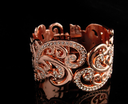 Couture Rhinestone Bracelet - Wide clamper hinged bangle - rose gold plate - hig - $95.00