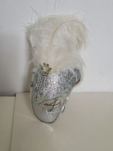 Mardi Gras Mask 1/2 Face Silver/White Lame&quot; Fabric Feathers Sequin &amp; Bead Trim - £10.81 GBP