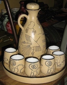 Primary image for Ethnic ceramic carafe and 6cup , hand painted in Peru