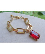 Chunky Heavy Gold Tone Metal Paperclip Chain Bracelet Red Rhinestone Pen... - £13.28 GBP