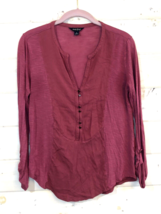 Lucky Brand Top Size S Boho Red Roll Sleeve Womens Button Front Top Rayon Blend - £11.67 GBP