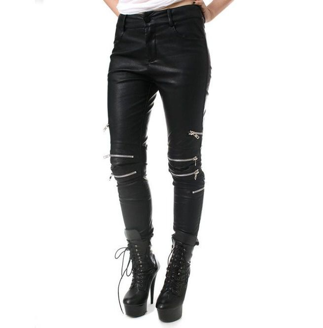 Women Slim Fit Ripped  Genuine Black  Leather  Pants Mono ectric