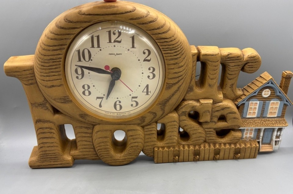 Vtg Burwood Our Home Quartz Wall Clock Faux Wood Key Hooks House Design - $21.67