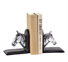 Silver Horse Head Bookends Set 5" High Brown Base Country Library Riding Stables