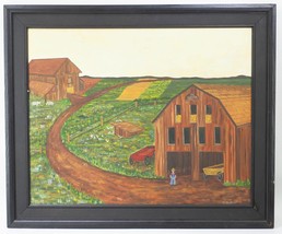 Folk Art Acrilico Pittura su Tela Fattoria Landscape Firmato R. Hulme Vintage - £556.47 GBP