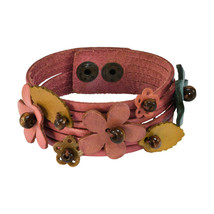 Vibrant and Colorful Floral Pink Multi-Strand Genuine Leather Bracelet - £16.18 GBP