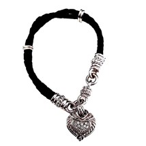 Judith Ripka .925 Sterling Silver Black Braided Leather Bracelet w/ Heart Charm - £81.72 GBP