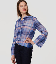 Ann Taylor LOFT Shirt Top M Blue Plaid Bell Sleeve Button Front Cotton New - £25.50 GBP