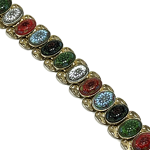 Vintage Multicolor Glass Cabochon Bracelet Gold Tone Moroccan Style 7.25&quot; - $39.00
