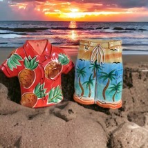 Clay Art Tropical Hawaiian Beach Shirt Swim Trunks Salt and Pepper Shakers 4.5&quot; - £19.68 GBP