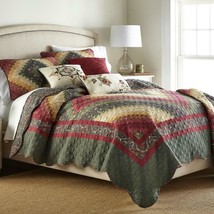 Donna Sharp Spice Postage Stamp Quilt King 3-PIECE Set Country Cottage Green Tan - £149.10 GBP