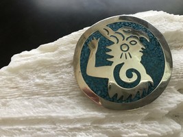 Native Alpaca Large Circular Aztec Inlaid Turquoise Silver Pendant or Pin - £29.32 GBP