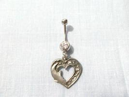 Heart with Dolphin and Engraved Ocean Waves on 14g Clear CZ Belly Ring Barbell - £6.69 GBP