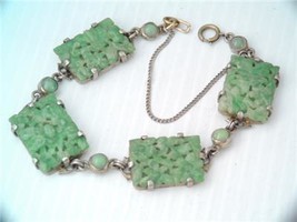 ANTIQUE CHINESE STERLING SILVER CARVED GREEN JADE BRACELET FLORAL DESIGN - $1,225.70 CAD