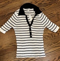 NEW WHBM Outlet Women’s Button Polo Sweater Black/White Stripe Size Larg... - $46.04