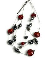 Triple Strand Wire Necklace with Red Swirl Beads Black/Silver Swirl Beads - £7.43 GBP