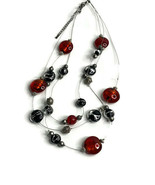 Triple Strand Wire Necklace with Red Swirl Beads Black/Silver Swirl Beads - £7.44 GBP