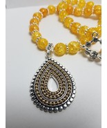 Silver &amp; Gold Pear Shaped Pendant Necklace with Yellow Cracked Quartz Beads - £38.83 GBP