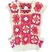 Granny Square Vest Women S/M Square Collar Pink Orange White Crochet Handmade - £24.30 GBP