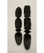 Vintage Tribal Mask Fork &amp; Spoon Totem Wall Hanging Dark Carved Wood 12&quot; - £38.61 GBP