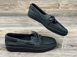 Vans Women&#39;s Black Leather Loafer Shoes Deck Shoes Lace Tie Size 7.5 289-47-6006 - £14.09 GBP