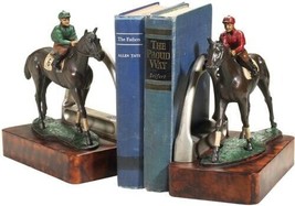 Bookends Bookend EQUESTRIAN Lodge 2 Race Horses with Jockey Red Green Resin - £342.85 GBP