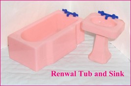 Renwal   Pink Tub and Pink Pedestal Sink  Hard Plastic  Dollhouse Furniture - £9.67 GBP