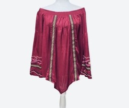 HANNAH burgundy off shoulder embroidered boho Gypsy  wide sleeves Size M - £19.46 GBP