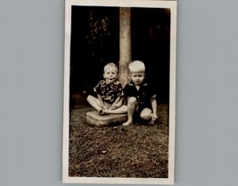 Antique 1940&#39;s 2 Boys Sitting Outside - Black &amp; White Photography Photos - £6.25 GBP
