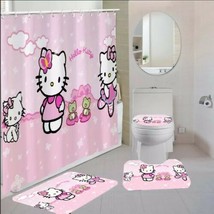 Hello Kitty Pink &amp; White Bathroom Shower Curtain Toilet Seat Cover &amp; Rugs Set - £48.53 GBP