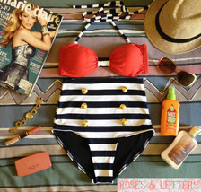 Kelly - Retro Vintage Pin Up Red Stripes High Waist Bikini Swimwear Swim... - £25.99 GBP
