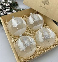 Set of 4 transparent with white and silver glitter Christmas glass balls - $56.25