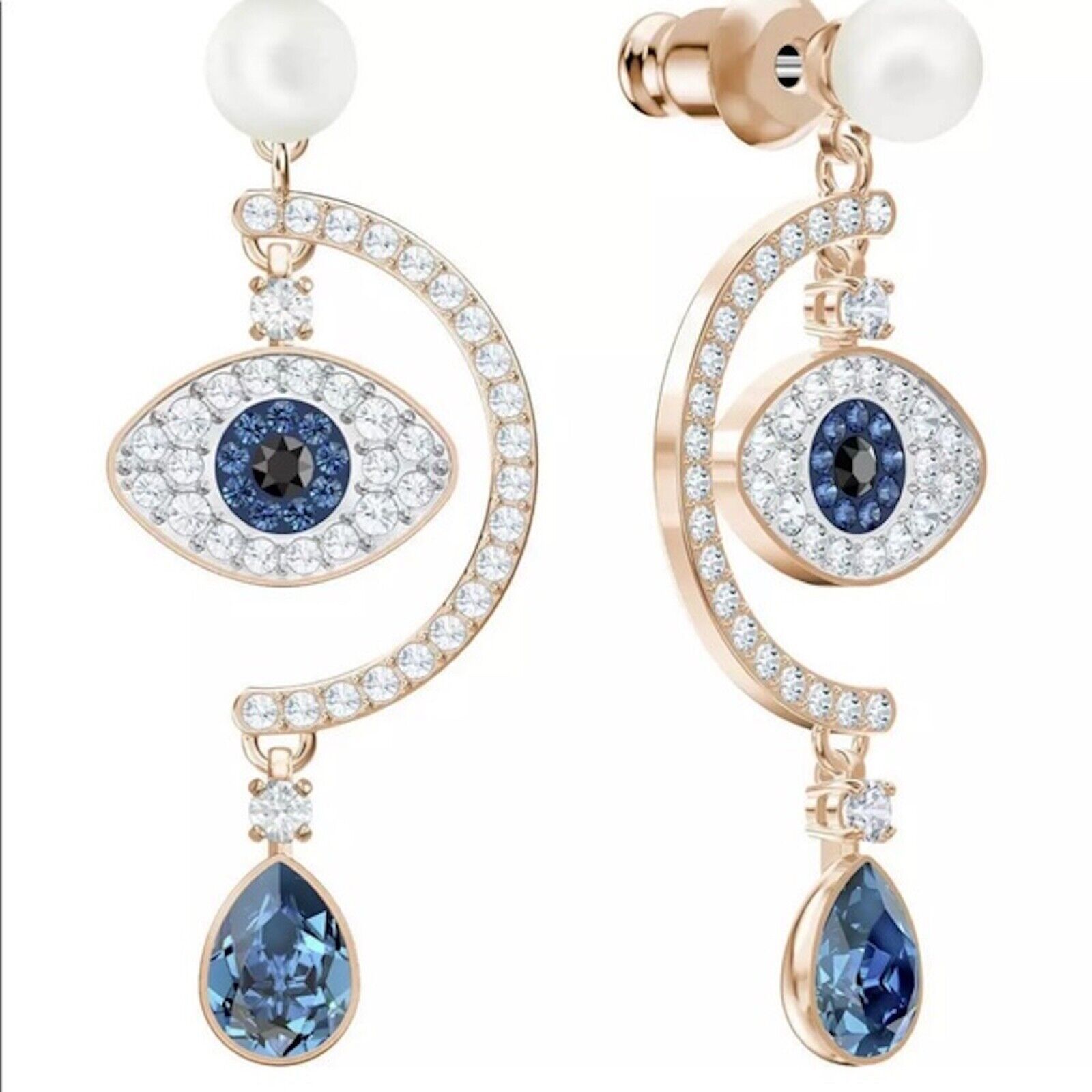 NIB Authentic Swarovski Crystal Akoya FreshWater Pearl Evil Eye Dangle Earrings - $37.19 - $83.97