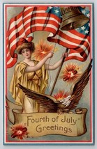 Fourth July 4th Greeting Lady Liberty Rings Bell On Eagle Patriotic Postcard N27 - £15.77 GBP