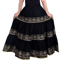 Handmade Rajasthani Ethnic Flare Women Girl Skirt Gold Print Elastic Waist Black - £17.65 GBP
