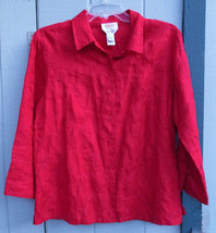 Talbots Red Irish Linen Blouse Top Womens MEDIUM Crewel Embroidery - $23.74