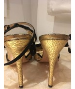 Charlotte Olympia Gold Metallic Crackled Leather Sandals Black Straps Si... - $98.01
