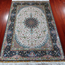 4&#39; x 6&#39; Beige Traditional Persian Rug Authentic Silk Handmade Bedroom Carpets - £959.22 GBP
