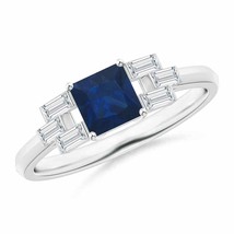 ANGARA Square Sapphire &amp; Baguette Diamond Ring in 14K Gold (Grade-AA, Size-5) - £793.18 GBP