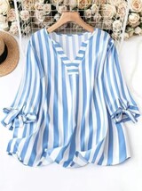 Blue and White Stiped Spring or Summer V Neck Mid Sleeve Long Plus Size Top - $47.95