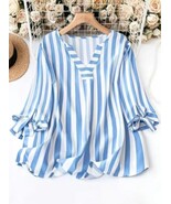 Blue and White Stiped Spring or Summer V Neck Mid Sleeve Long Plus Size Top - $47.95