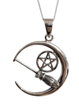 Crescent Moon Besom Pentacle 18&quot; Chain 925 Sterling Silver Pagan Wiccan &amp; Boxed - £33.97 GBP