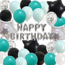 Teal Silver Birthday Decorations - Happy Birthday Party Balloons Black Turquiose - £31.16 GBP