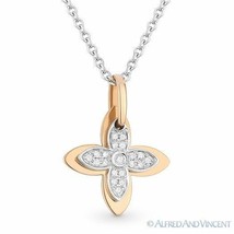 4-Petal Flower Luck Charm Diamond 2-Tone 14k Rose &amp; White Gold Necklace Pendant - £227.34 GBP