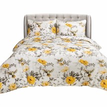 Full/Queen 3 Piece White Yellow Grey Reversible Floral Birds Cotton Quilt Set - £166.10 GBP