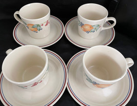 Corelle Coordinates Stoneware Coffee Cups &amp; Saucers Cream Color Fruit Motif 8PC - £26.44 GBP