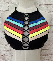 VICTORIA&#39;S SECRET PINK Black Striped Crisscross High Neck Bikini Top M (... - £23.18 GBP